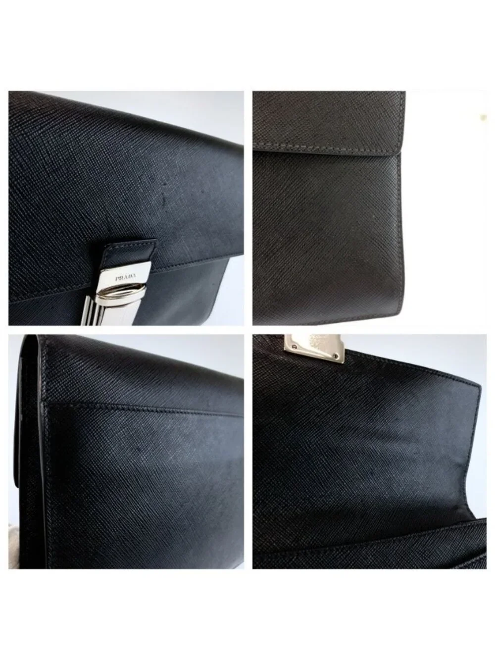 Prada Saffiano Black Silver Leather Clutch